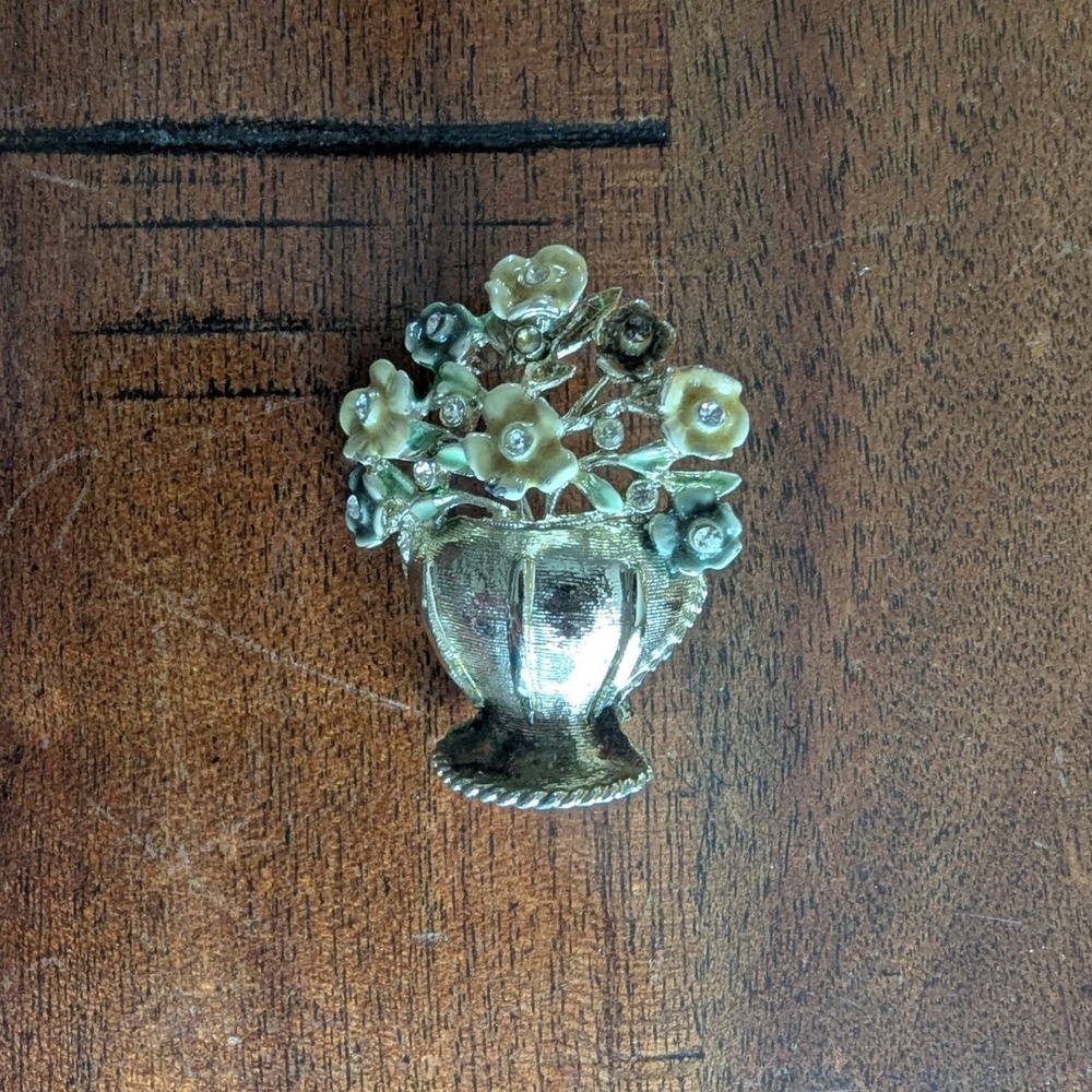 Vtg BSK Brooch Pin Flower Basket Vase Gold Tone Enamel Rhinestone My Fair Lady